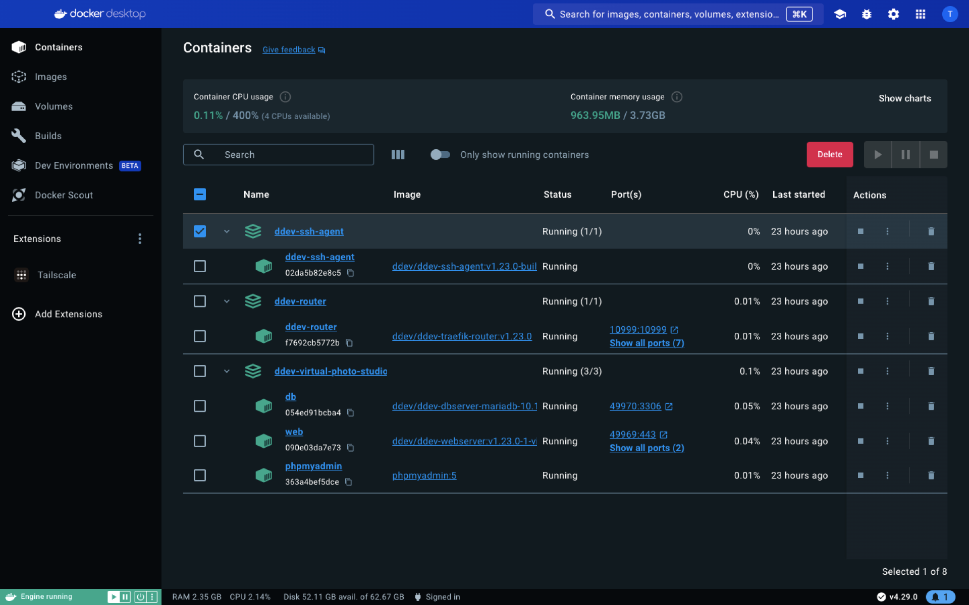 Image: Docker Desktop GUI showing the containers created for the project