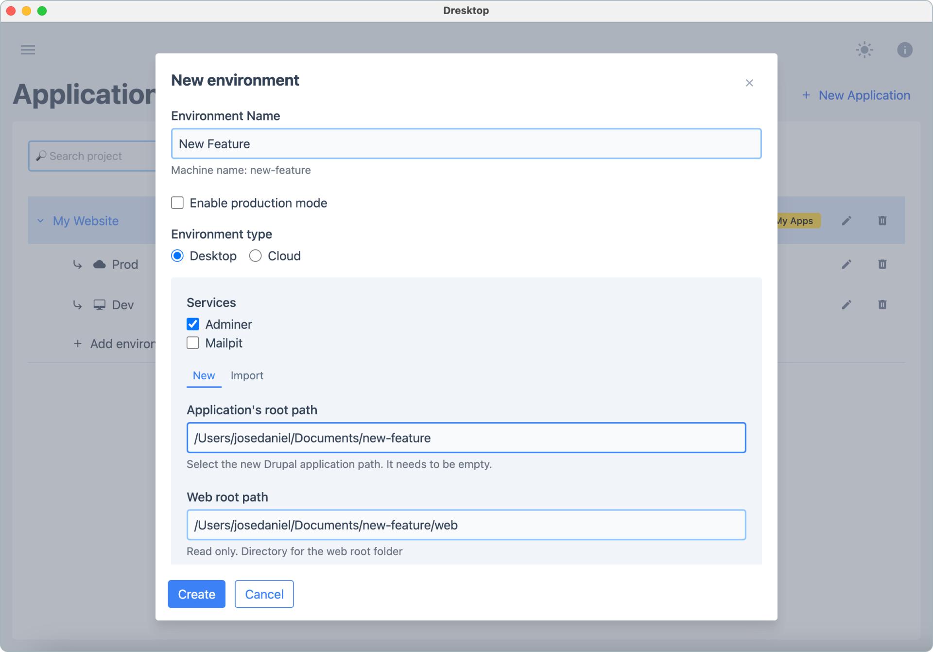 Creating new environment on Dresktop