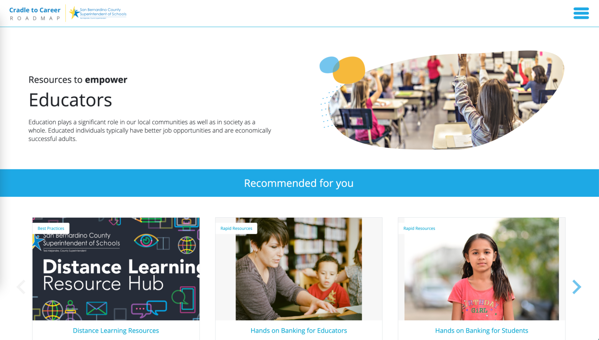 Beginning of the Web Experience of 'Cradle to Career' roadmap. 