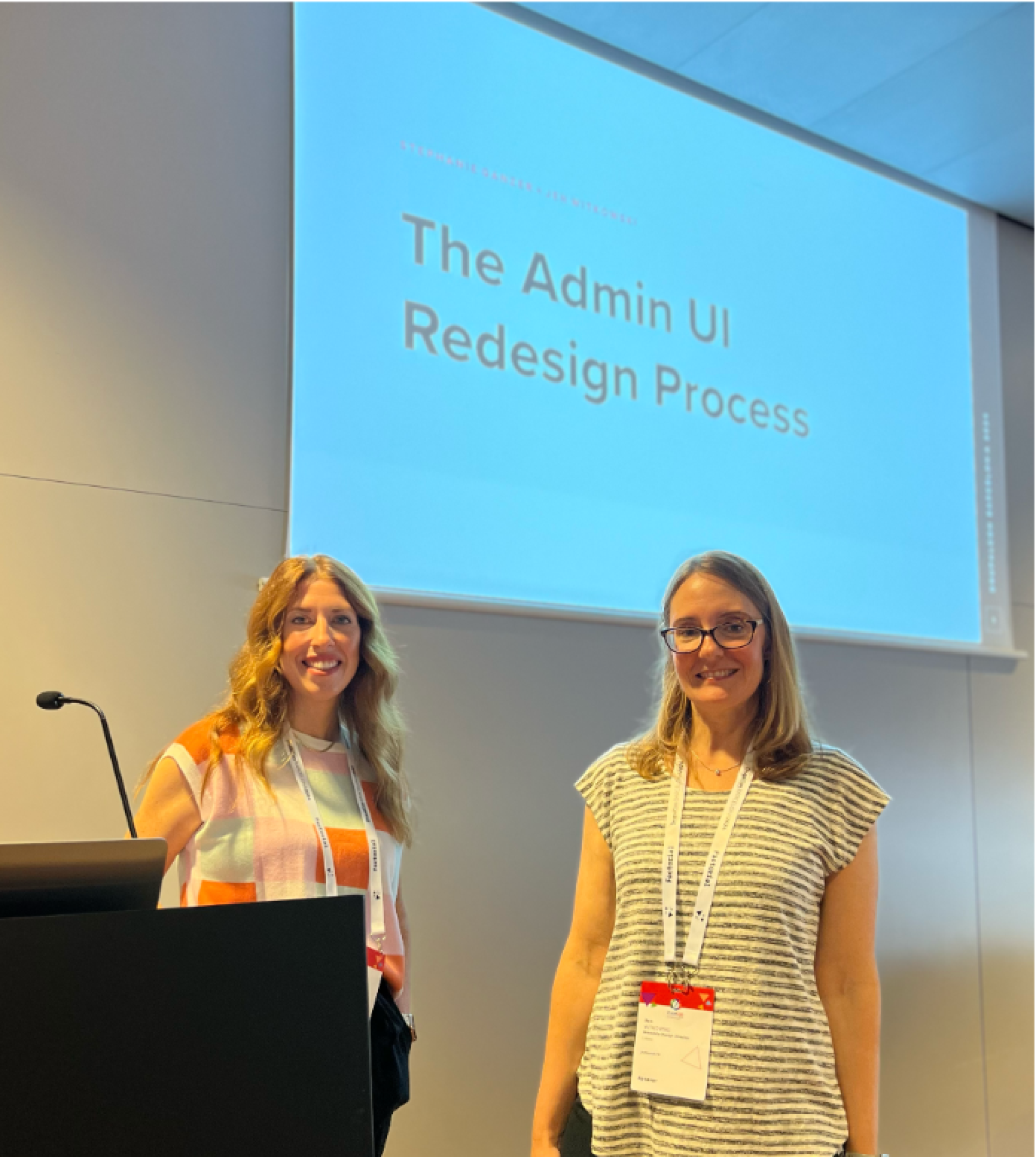 Stephanie Ganzer (left) and Jen Witkowski (right) delivering their session, 'The Admin UI Redesign Process' at DrupalCon Barcelona 2024. 