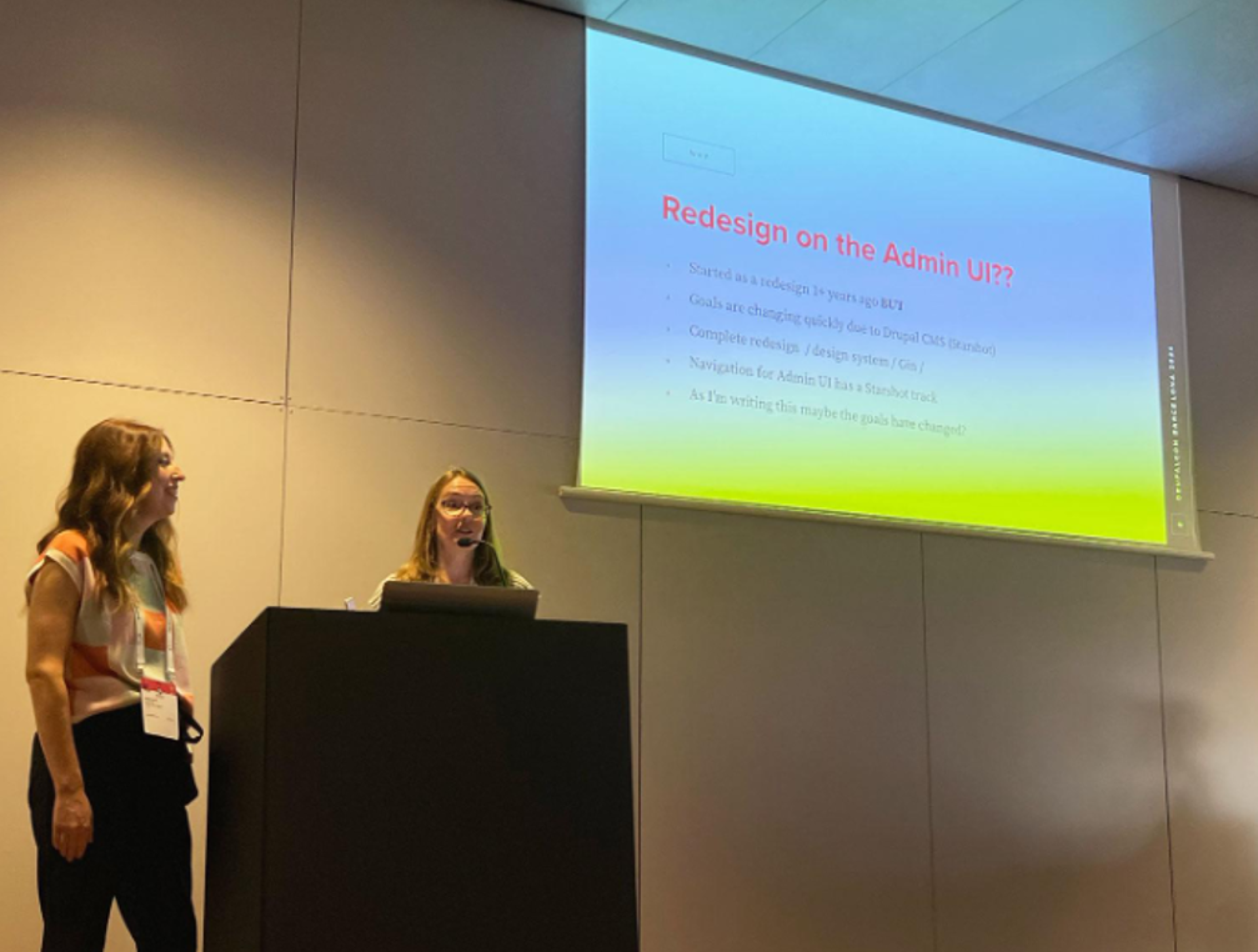 Stephanie Ganzer (left) and Jen Witkowski (right) delivering their session, 'The Admin UI Redesign Process' at DrupalCon Barcelona 2024.&nbsp;