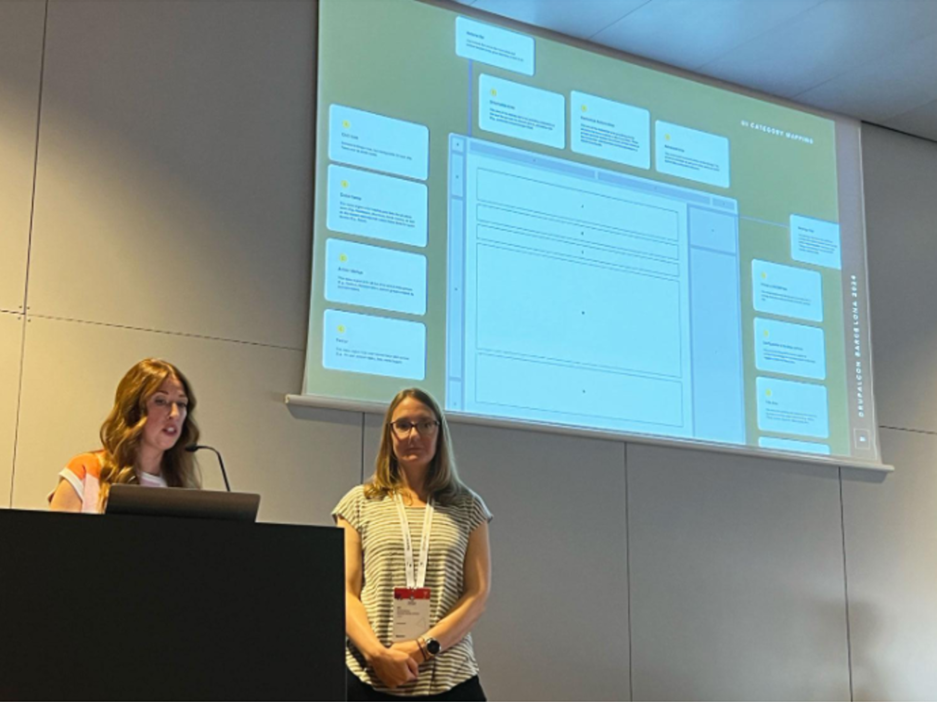 Stephanie Ganzer (left) and Jen Witkowski (right) delivering their session, 'The Admin UI Redesign Process' at DrupalCon Barcelona 2024.&nbsp;