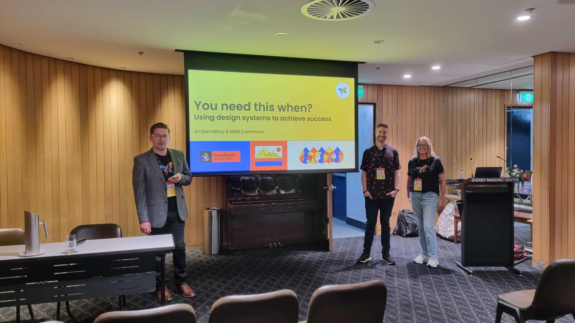 André Kakos, as track lead, with presenters Matt Commons and Amber Henry from Morpht. 