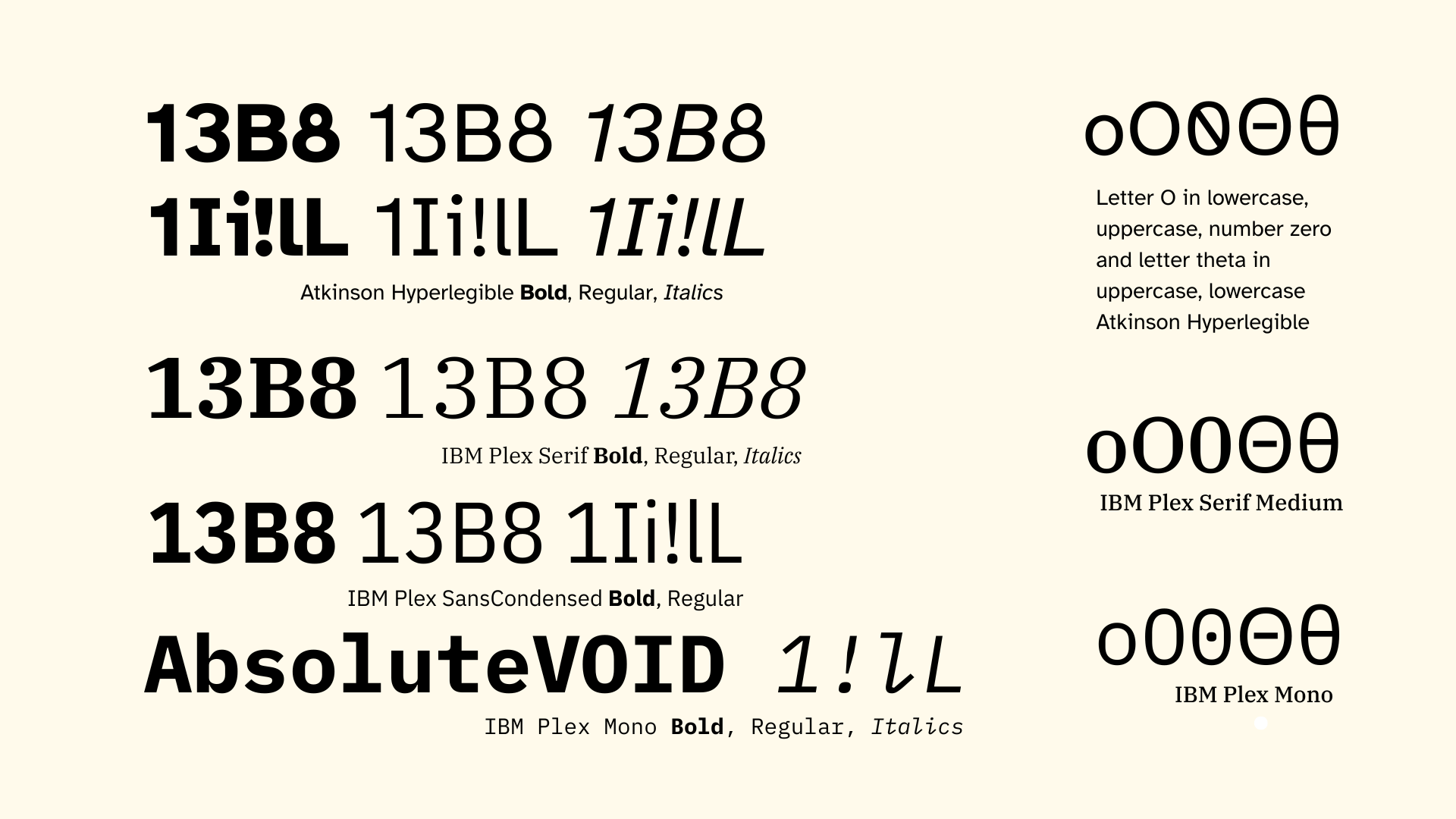 Screenshot of made-up phrases with IBM Plex Serif, Sans, SansCondensed, Mono, and Atkinson Hyperlegible placed adjacent to each other for comparison. 