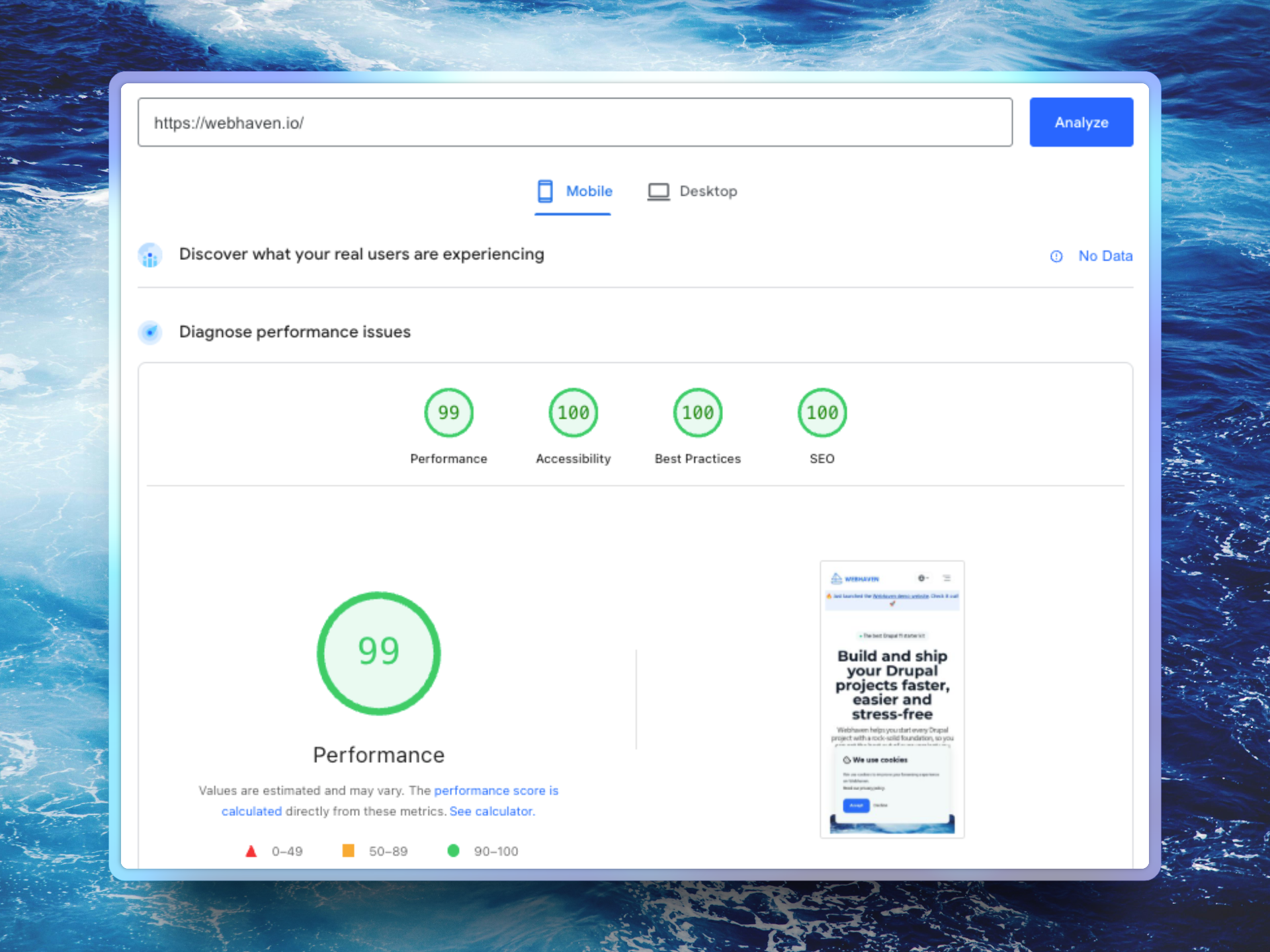 Webhaven website Scores in Pagespeed