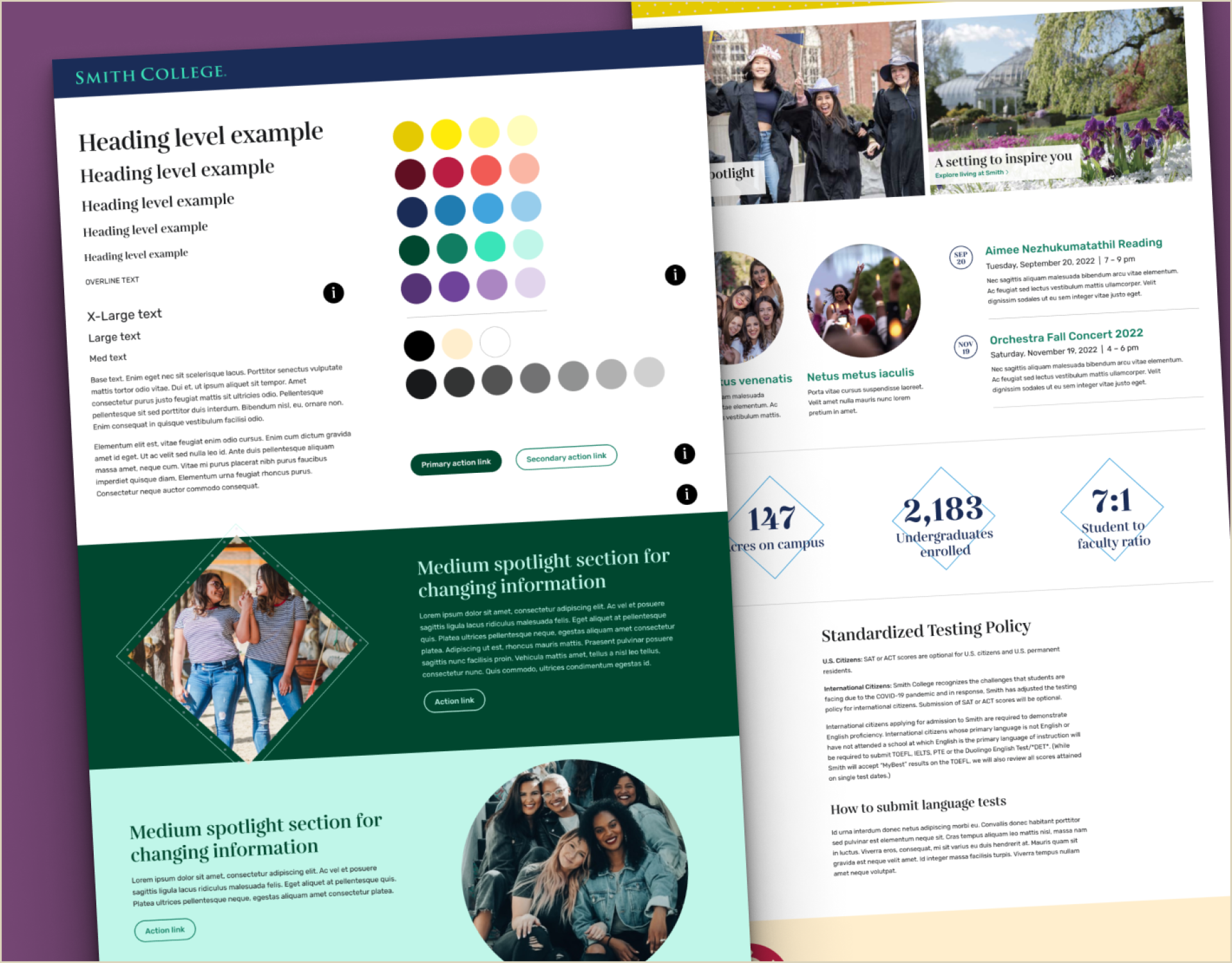 Screenshot collage of design elements, styleguide, Figma, homepage, landing page