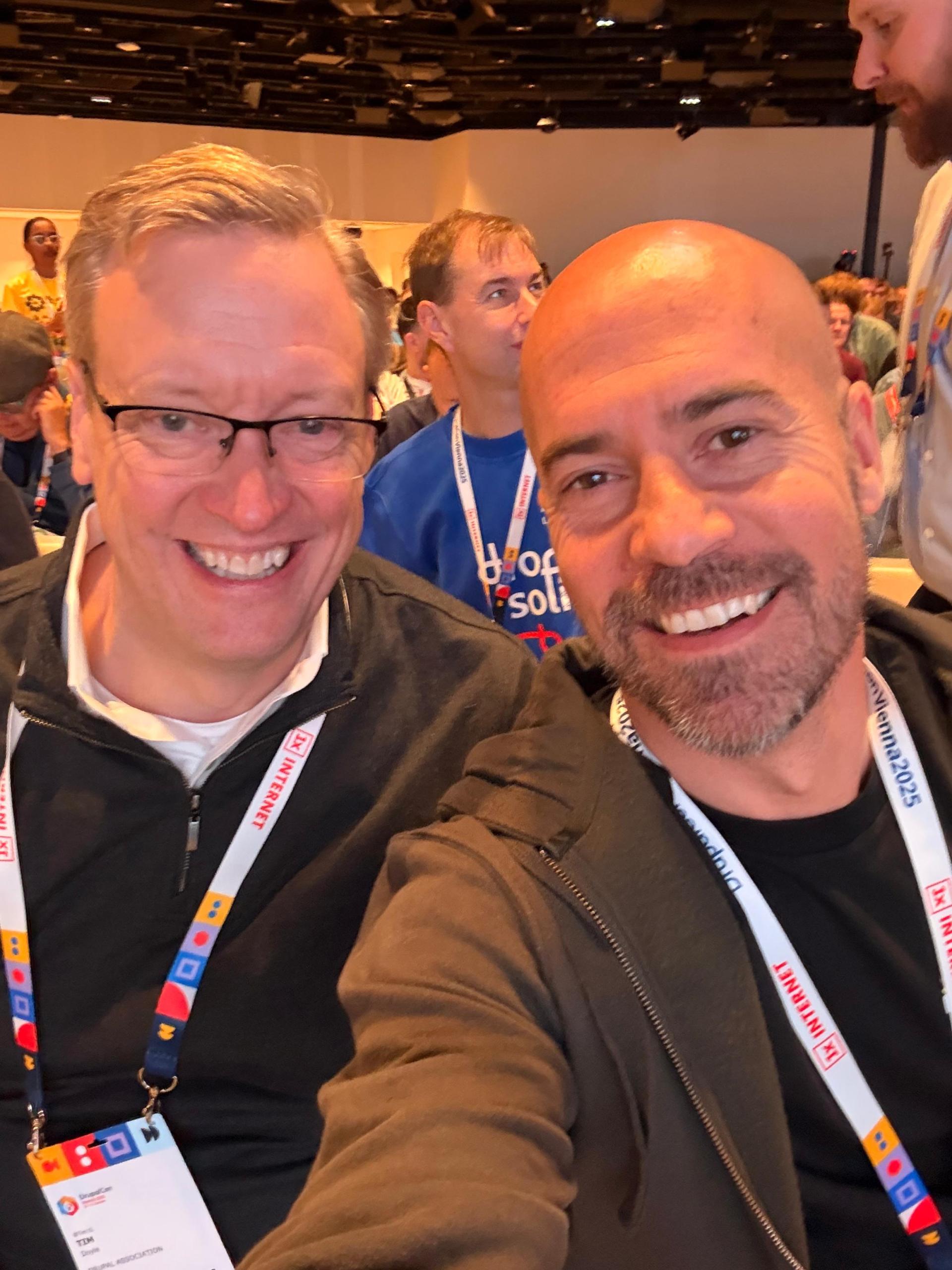 Alex Moreno, a member at large of the DA board, shares a light moment with Tim Doyle, CEO, Drupal Association, minutes before Driesnote. 