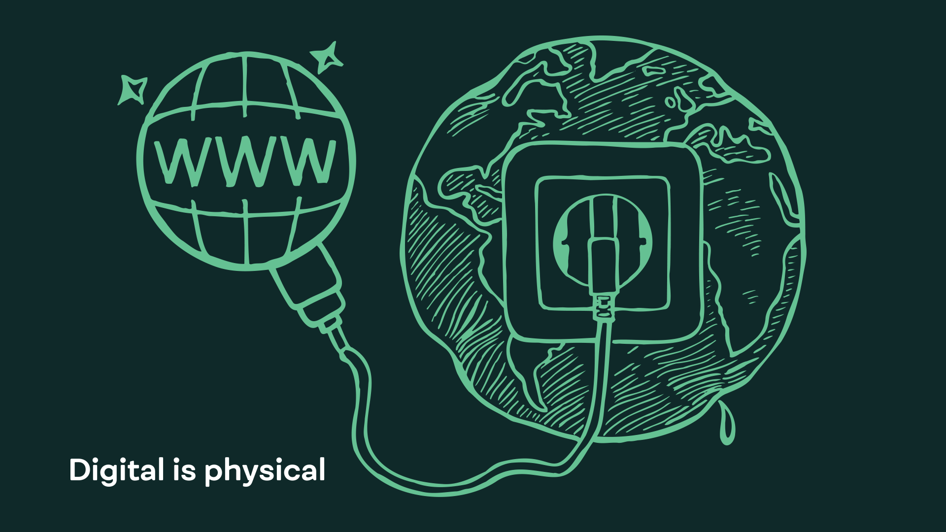 A drawing of a globe plugged into an electrical outlet, with a “WWW” symbol connected by a cable, showing how the internet relies on physical energy and infrastructure.