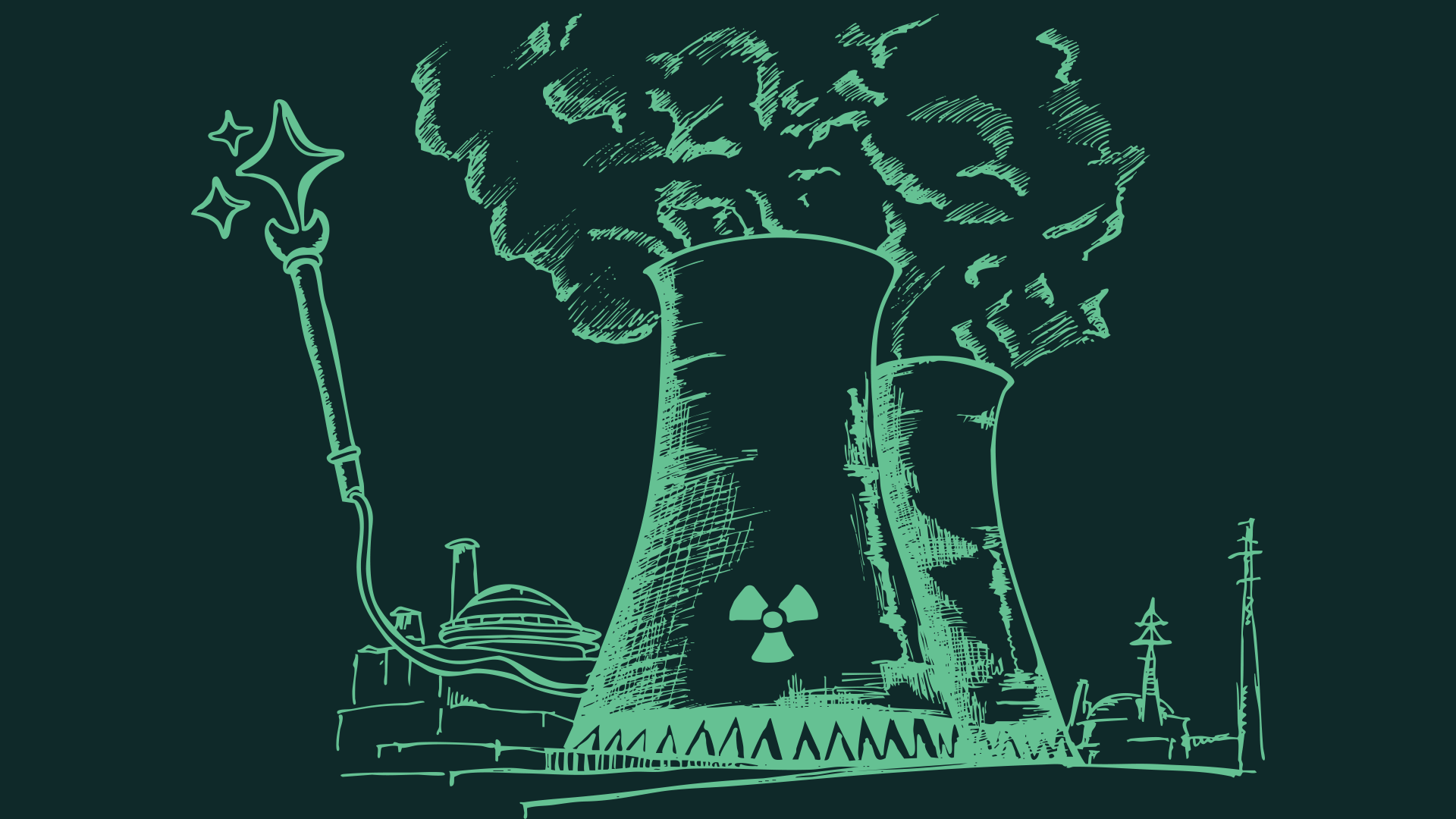 Illustration of a nuclear power plant with smoke stacks, connected to a wand-like magical device, symbolizing the misconception that power supply is effortless or magical.