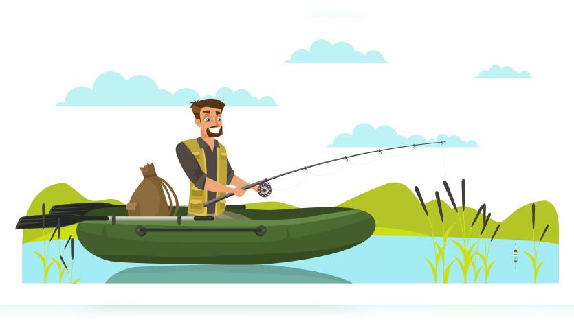 Illustration of a man fishing with a rod while rowing a rubber dingy boat. 