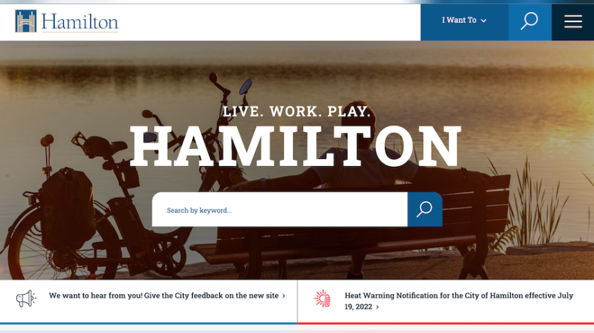 Sreenshot of the city of Hamilton's website homepage