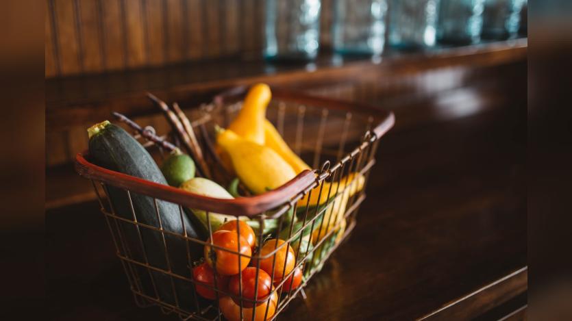 Check-out trolley basket in a physical vegetable store 