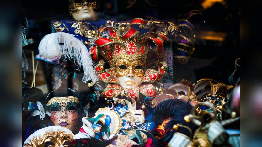 Assorted color masquerade mask collection in a shop in Barcelona, Spain