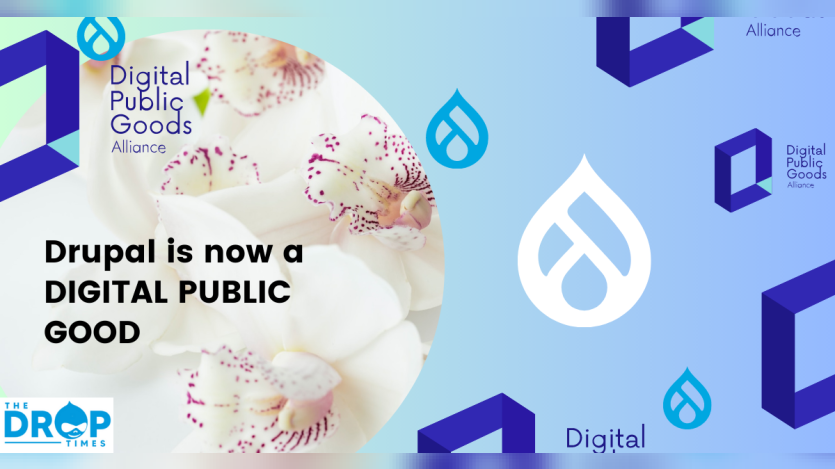 Graphic depicting the announcement of Drupal being designated as a Digital Public Good. A picture of some Orchid flowers and the logos of Drupal and DPG Alliance is used.