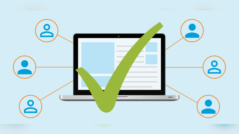 A tick in front of a laptop with Drupal and CRM integration