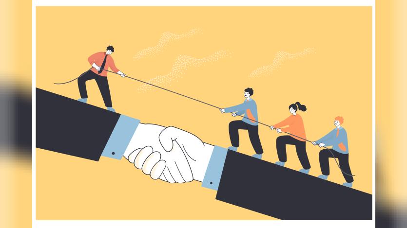  teamwork of tiny business people climbing handshake after leader