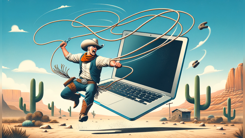 A cartoon of a cowboy lassoing a laptop computer.