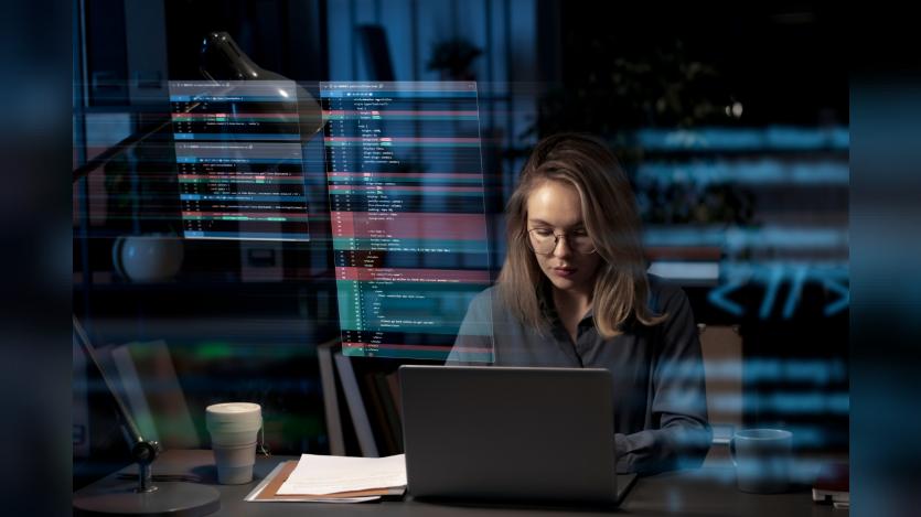programming background with person working with codes on computer