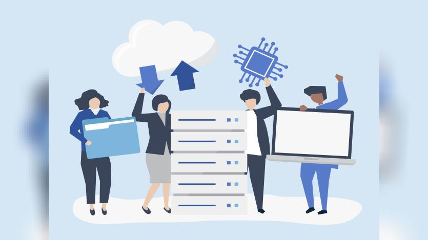 Characters of people with data storage icons illustration
