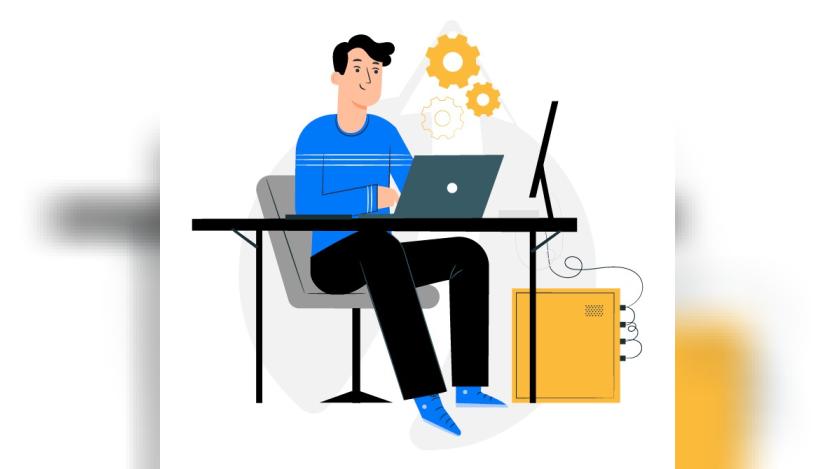 Computer generated graphics of a male wearing a round-neck t-shirt working on his laptop while a desktop screen is placed on the work-desk and the CPU is palced at the floor.