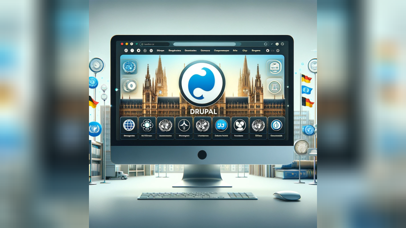 DALL·E 2024-05-16 14.39.34 - A modern, professional image showing a sleek computer screen displaying a Drupal 10 dashboard. The background includes subtle elements like a city hall