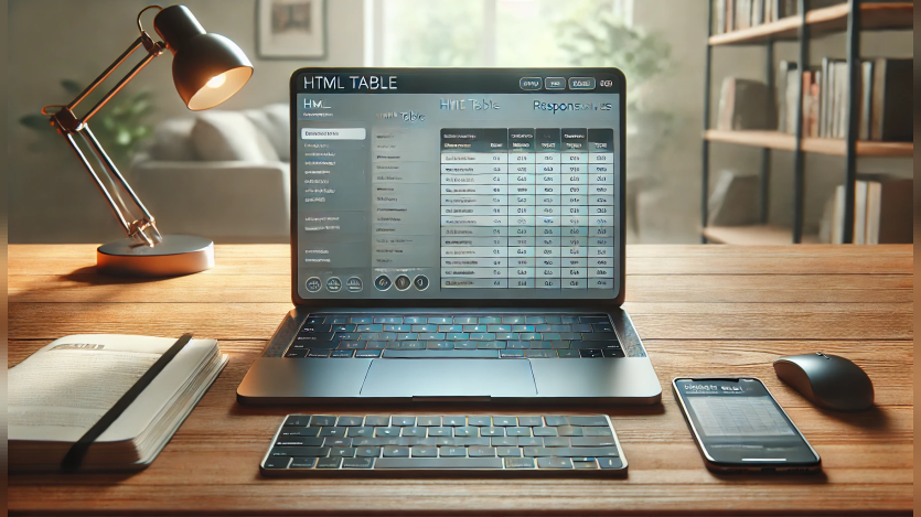 A landscape image showing a modern, sleek laptop on a wooden desk, displaying an HTML table with clear navigation controls on the screen.