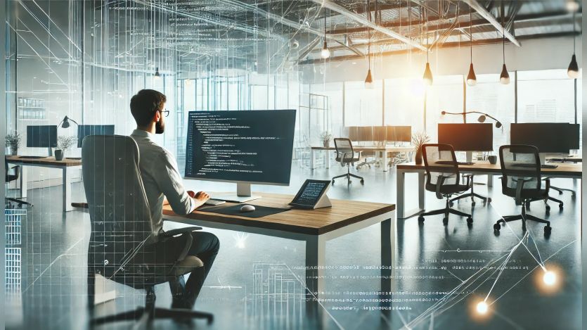 A professional landscape image showing a programmer working on a computer, with lines of code visible on the screen.