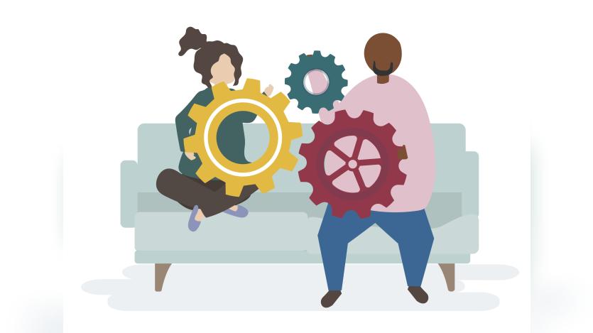 Illustration of a couple characters with cogwheels