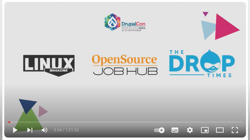 The Drop Times being acknowledged as a Media Partner for DrupalCon Barcelona 2024 during the cuntain raiser for the live streaming of Driesnote.