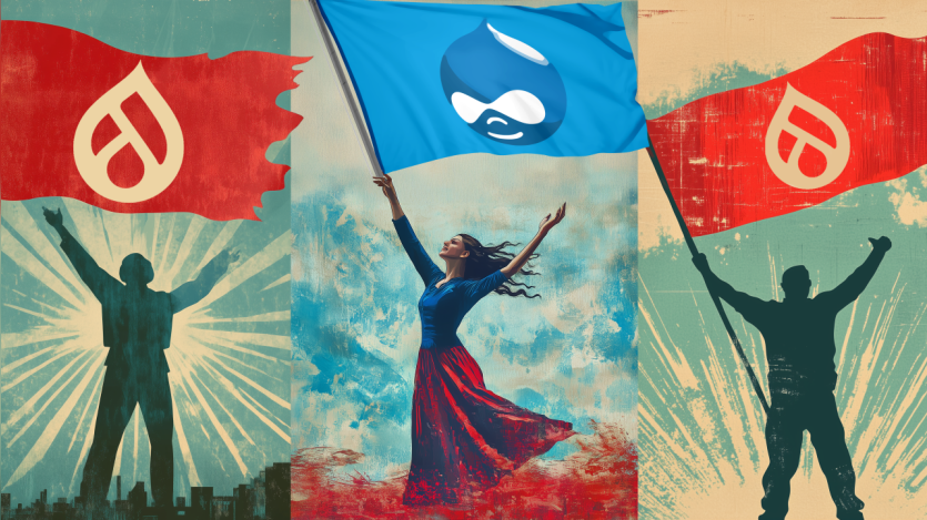 Illustrations of people holding flags with Drupal logos