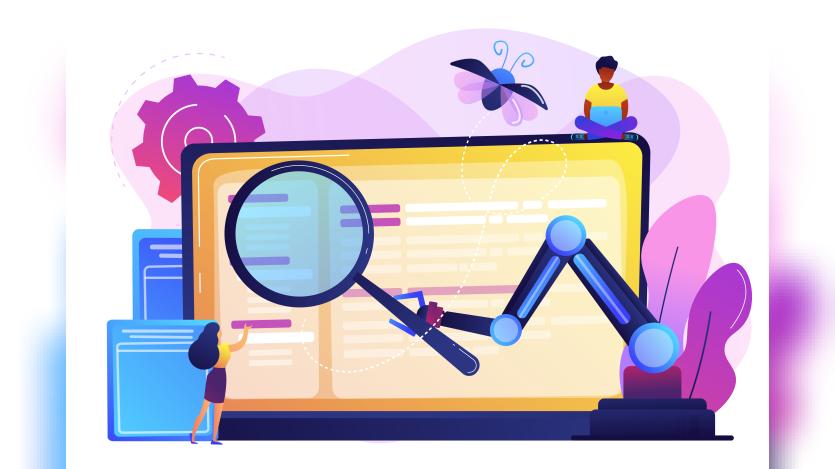 Laptop and software assisting in testing process, tiny people testers. Automated testing, automotive executed test, software auto tester concept. Bright vibrant violet isolated illustration