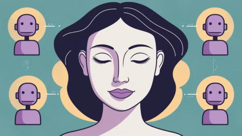 illustration of a woman connected to 4 robots