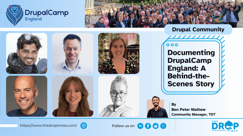 Cover image for the article “Documenting DrupalCamp England: A Behind-the-Scenes Story” contains the mugshots of Rajeev Kumar, Paul Johnson and Jenny Dumitrescu on the top row (left to right) and Alejandro Moreno López, Hannah O'Leary and Hadda Hreidarsdottir on the bottom row (L to R). A skyline ribbon at the top of the image contains the DrupalCamp England Logo and a cropped photograph of the camp delegates outside the venue. At the bottom right, the byline ‘Ben Peter Mathew’ and the author’s mughshot is 