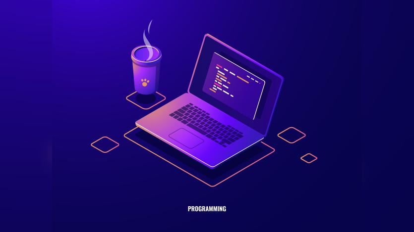 Laptop with program code isometric icon, software development and programming applications dark neon