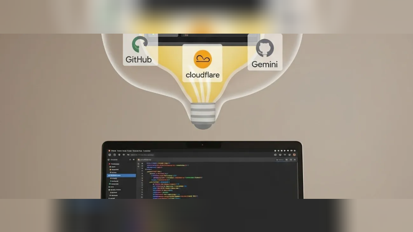 Laptop displaying code in a terminal window. Above it, a translucent bubble contains icons for GitHub, Cloudflare, Gemini, and a server, illustrating an AI-assisted cloud development workflow.