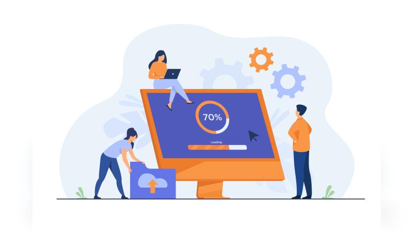 Tiny programmers upgrading operation system of computer isolated flat illustration