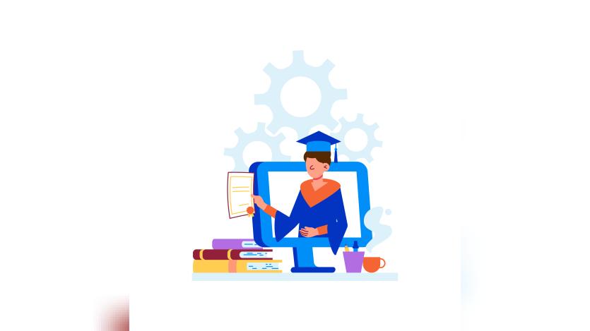 Online education distant courses flat illustration with university graduateOnline education distant courses flat illustration with university graduate