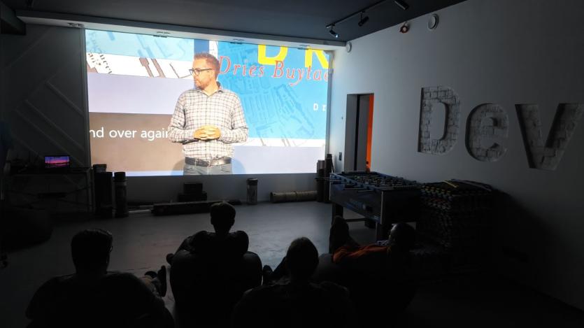 DevBranch team gathered in their office to watch the Driesnote livestream together.