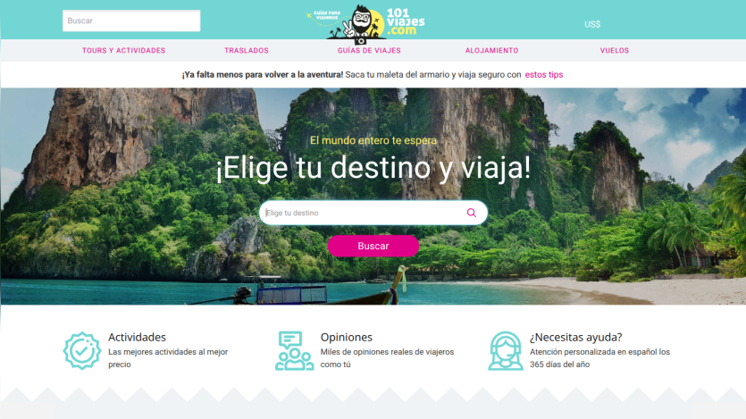 Travel website homepage with search bar to choose destination, featuring a tropical beach and cliffs background