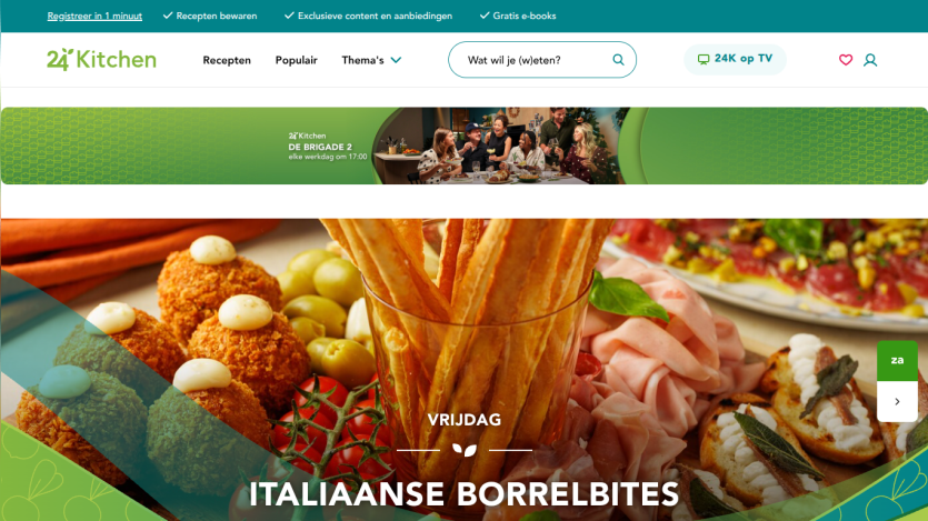 Homepage of a kitchen website featuring Italian appetizer platters with navigation and search bar