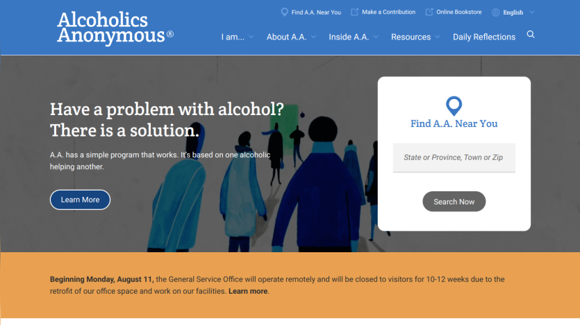 Alcoholics Anonymous homepage with a message about finding help for alcohol problems and a location search feature.