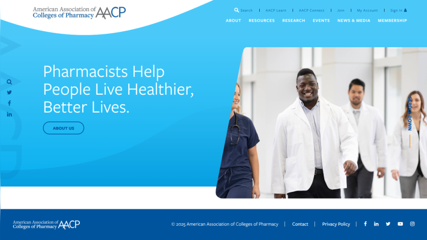 Homepage of American Association of Colleges of Pharmacy with navigation and message about pharmacists helping people live healthier lives