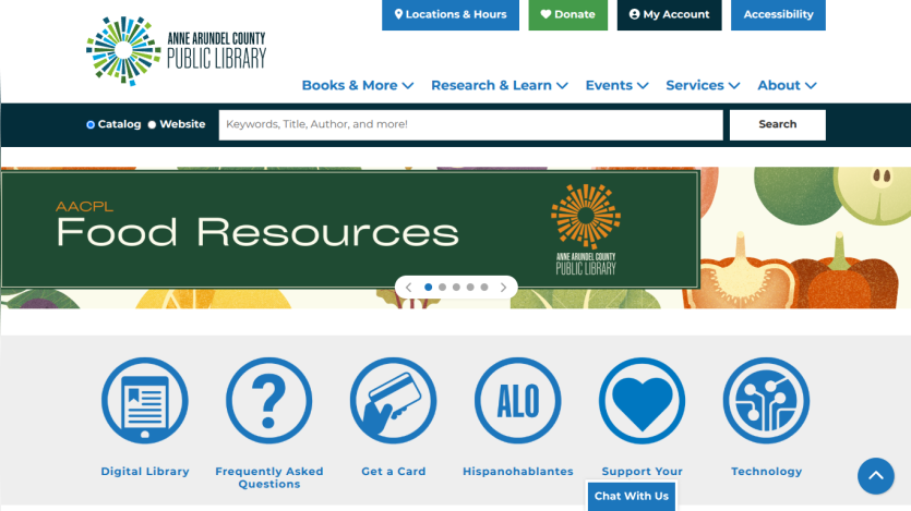Anne Arundel County Public Library homepage with navigation, search bar, and Food Resources hero banner