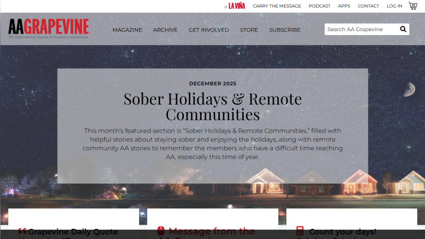 AA Grapevine homepage featuring December 2025 theme on sober holidays and remote communities with navigation and search bar