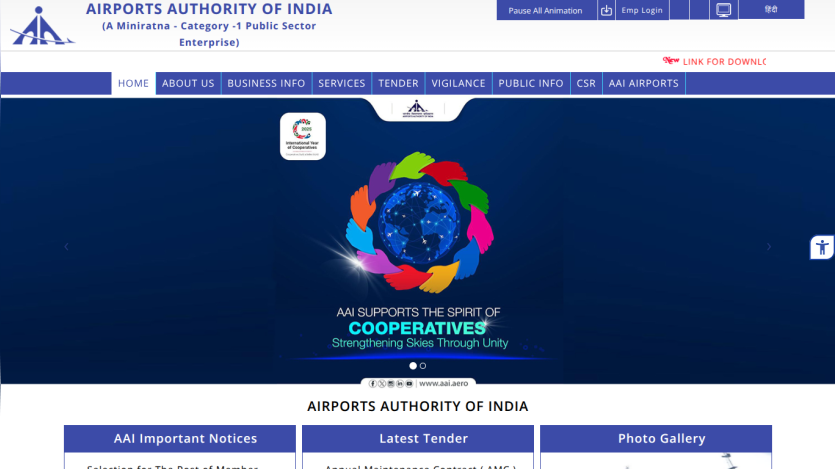 Airports Authority of India homepage featuring cooperative spirit message and navigation links.