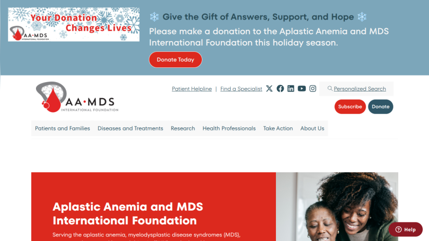 Aplastic Anemia and MDS International Foundation homepage with donation callout, navigation menu, and hero section featuring two smiling women