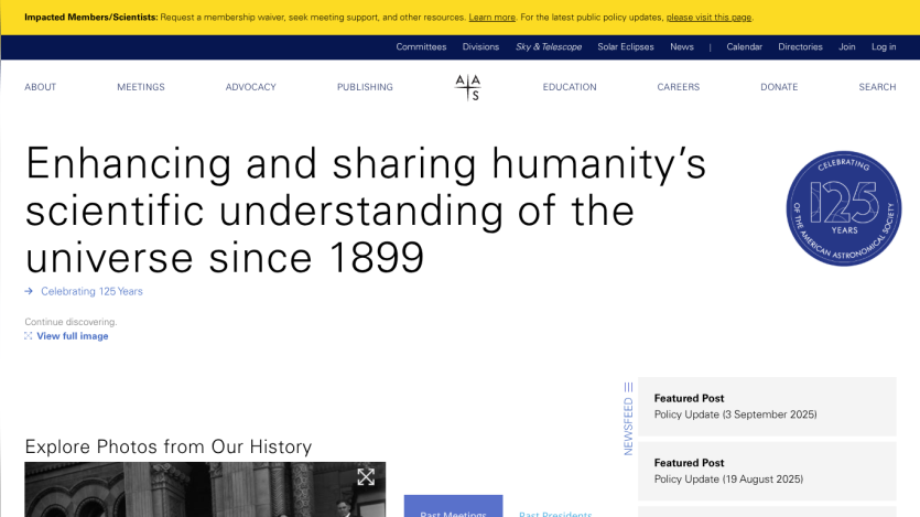 Website header with mission statement about scientific understanding since 1899.