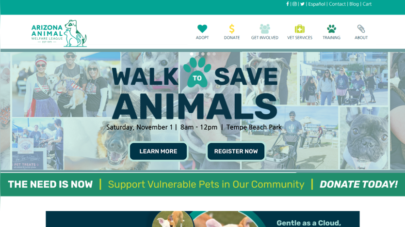 Arizona Animal Welfare League homepage promoting Walk to Save Animals event on November 1 at Tempe Beach Park with options to learn more or register