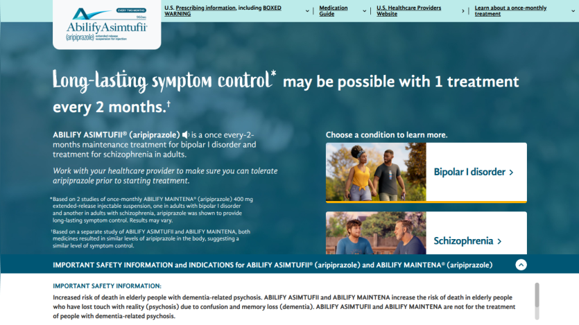 Abilify Asimtufii medication site promoting long-lasting symptom control for bipolar I disorder and schizophrenia with treatment every 2 months