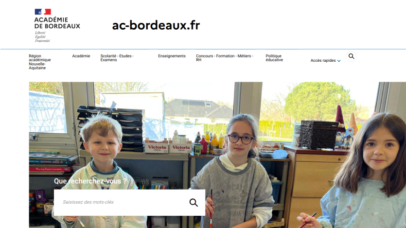 Homepage of Académie de Bordeaux featuring children in a classroom setting and a search bar.